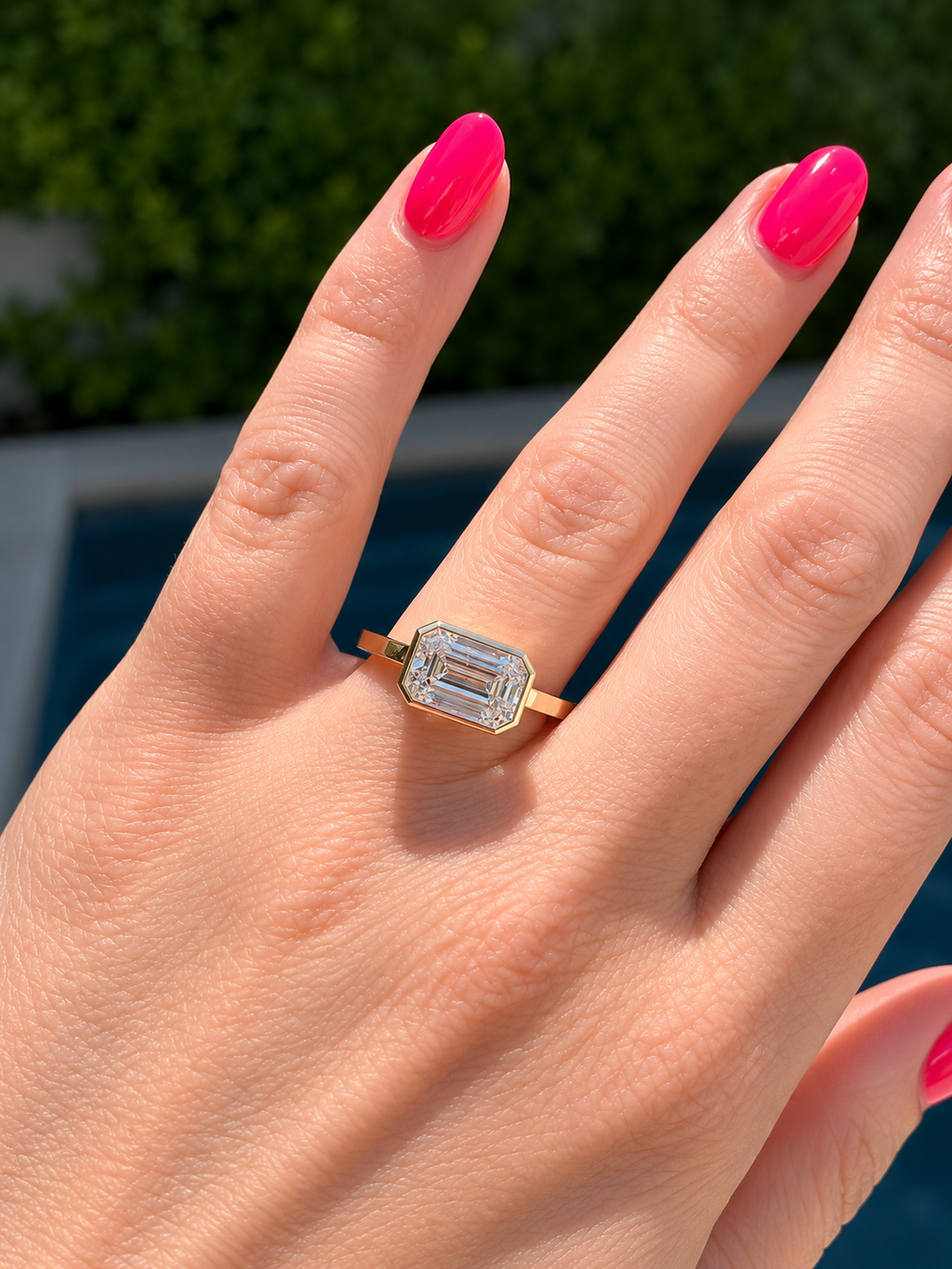 East West Bezel Set Emerald Cut Lab Diamond Ring