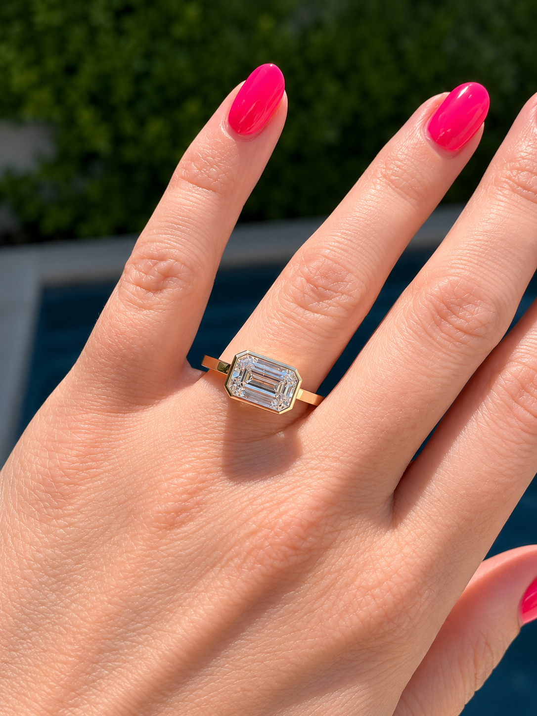 East West Bezel Set Emerald Cut Lab Diamond Ring