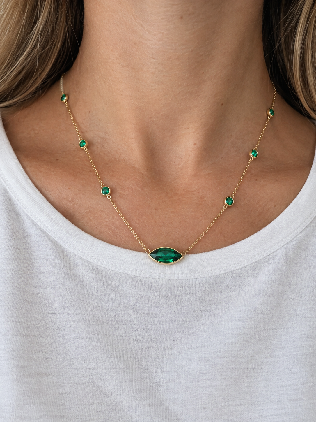 Marquise Lab Emerald Station Necklace