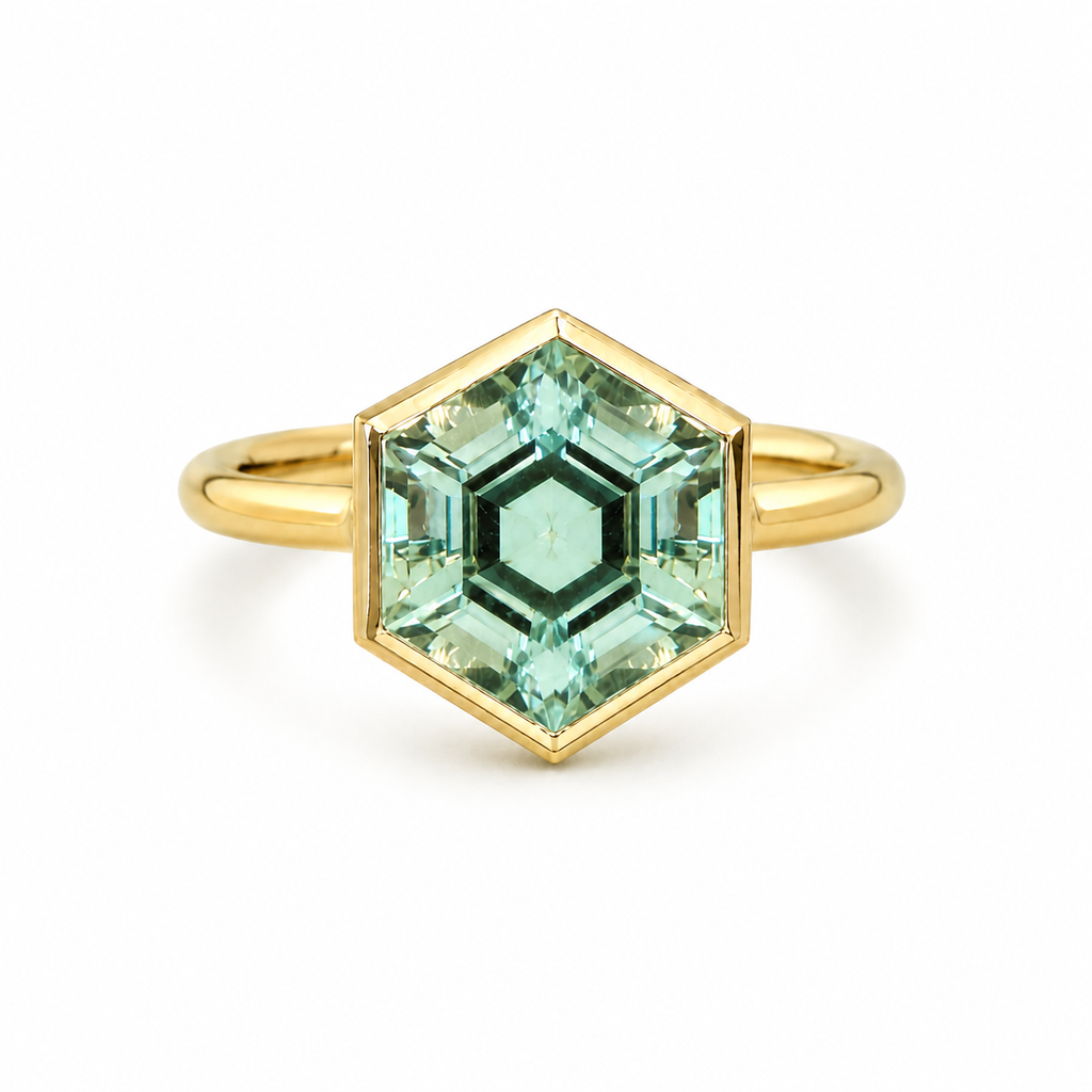 18k Yellow Gold Green Amethyst Hexagon Ring