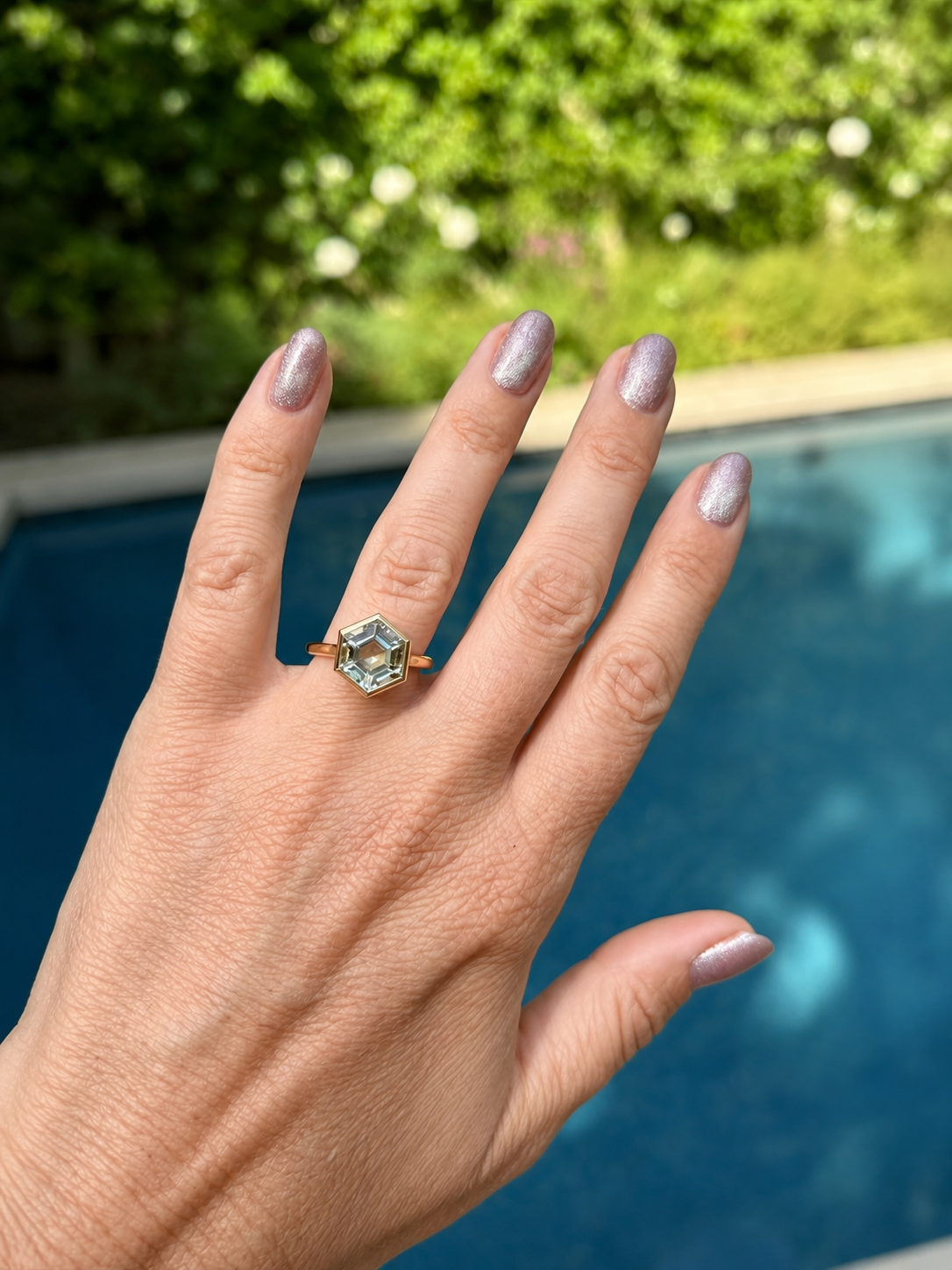 18k Yellow Gold Green Amethyst Hexagon Ring